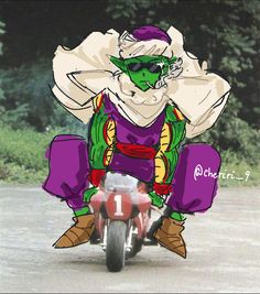 a man riding on the back of a motorcycle down a road