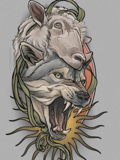 a drawing of two wolfs with their mouths open