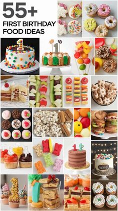 a collage of different cakes and desserts with the words 55 first birthday food ideas