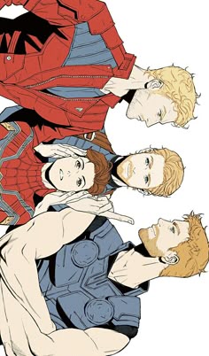 some people are standing together in front of a spider man and another one is looking at the camera