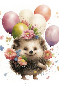 a hedge with balloons and flowers on it's head is surrounded by confetti