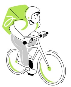 a person riding a bike with an umbrella on it's back and head tilted to the side