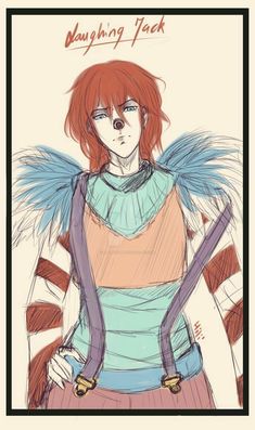 a drawing of a girl with red hair and wings on her shoulders, standing in front of an american flag