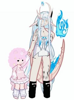 an anime character with long white hair standing next to a pink and blue teddy bear