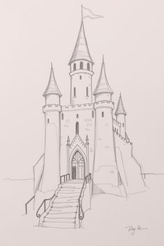 a drawing of a castle with stairs leading up to it