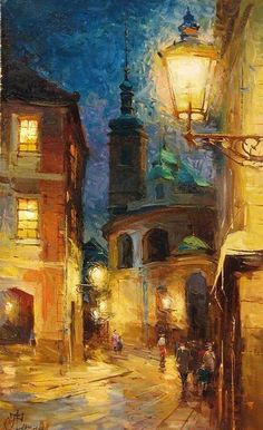 an oil painting of a city street at night with people walking on the sidewalk and buildings in the background
