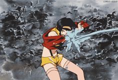 an anime scene with a woman in yellow shorts and red mittens kicking up snow
