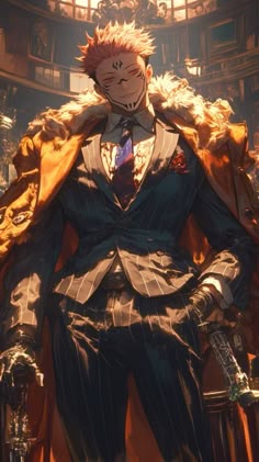 an anime character sitting in a chair with his hands on his hips