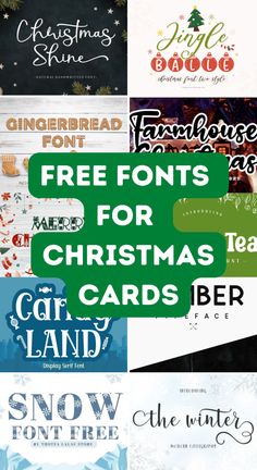christmas cards with the words free font and handwritten letters in green, blue, white and