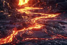 the lava is glowing red and orange as it moves through the air in this close up view