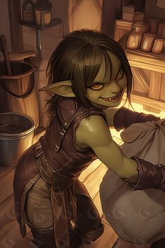 an animated image of a woman with brown hair and green eyes, holding a bag