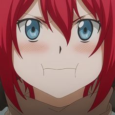 an anime character with red hair and blue eyes looks at the camera while staring into the distance