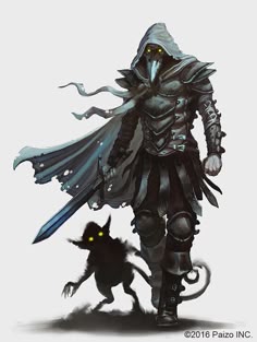a drawing of a man in armor and a demon with glowing eyes walking away from him