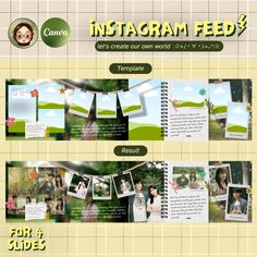 the inside pages of an instagramm feed with photos and text on it, including pictures