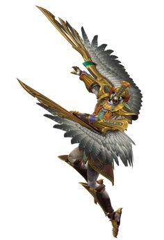 an image of a woman with wings and armor on her back, flying through the air
