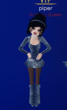 a woman in a dress and hat standing next to a blue background with the name piper on it