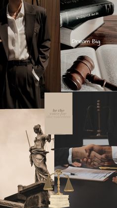 a collage of photos including a statue, judge's gavel and law books