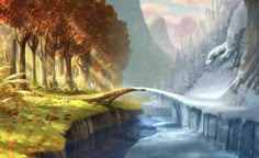 a painting of a waterfall in the middle of a forest with trees and snow on it