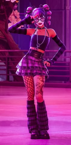 a woman with purple hair and glasses is standing in front of a stage wearing boots