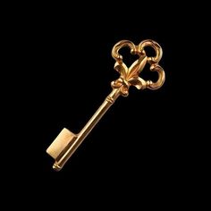 a golden key with a heart shaped handle on it's end, against a black background