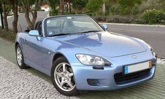 a blue sports car is parked on the street