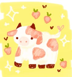 a drawing of a cow standing in front of some strawberries and hearts on a yellow background