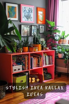 a living room filled with lots of plants and pictures on the wall next to a window