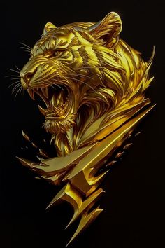 a golden tiger head with its mouth open and fangs out, against a black background