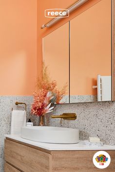 a bathroom sink with an orange wall behind it and a mirror on the wall above it