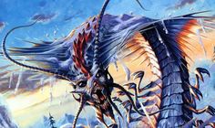 an artistic painting of a dragon attacking another creature in the air with its mouth open