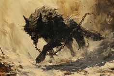 a painting of a demon running through the snow with chains on his feet and claws in its mouth
