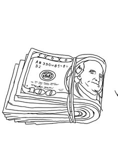 a drawing of a man's face is shown in front of a stack of money
