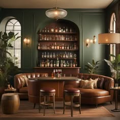 a living room filled with furniture and lots of bottles on the shelves above it's bar