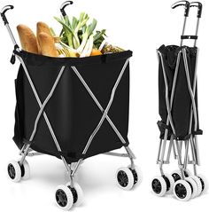 two black and silver shopping carts with food in them