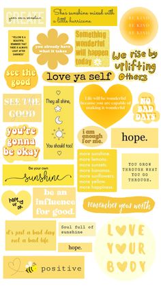 a bunch of yellow stickers with words on them