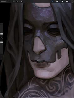 a computer screen with a drawing of a woman's face and tattoos on it