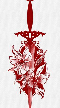 a red and white drawing of a knife with flowers on the blade is shown in this image