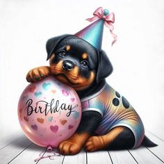 a painting of a dog holding a balloon with the words birthday written on it and wearing a party hat