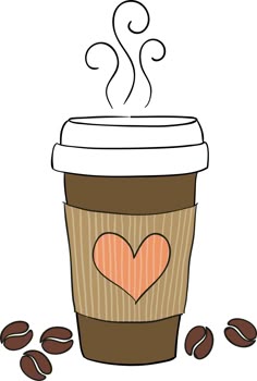 a coffee cup with a heart drawn on the side and some coffee beans around it