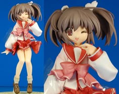 an anime figurine is posed in front of a blue background and another photo
