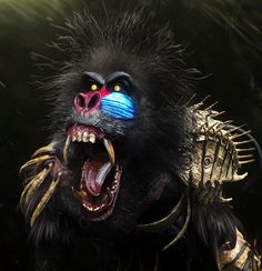 an animal with its mouth open and it's teeth painted red, white and blue