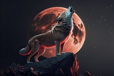 a wolf standing on top of a rock in front of a red moon and stars