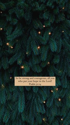 a christmas tree with lights on it and a bible verse written in the bottom right corner