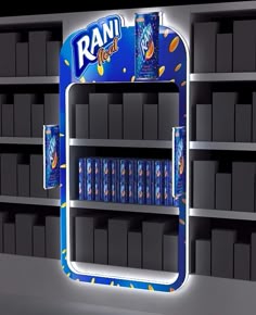 a blue and white shelf with many boxes on it