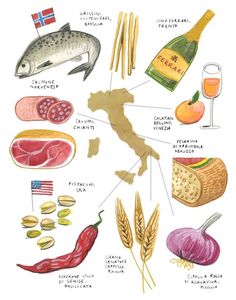 an illustrated map of italy with all the main ingredients and their names in english, spanish, and italian