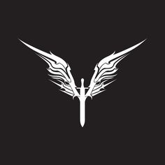 a white bird with wings on it's back and two swords in the middle