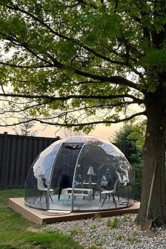 an inflatable bubble tent is set up next to a tree on the ground