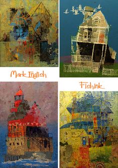 four paintings with different styles of houses on them