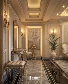 an elegantly decorated hallway with marble floors and walls