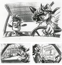 some cartoon characters in a car with the driver looking at them and one is driving